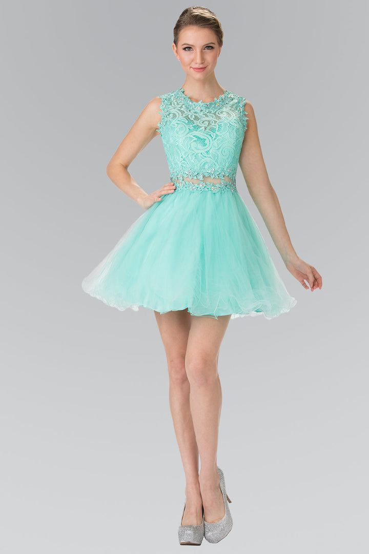 Sleeveless Short Dress with Lace Bodice and Sheer Waistline-7