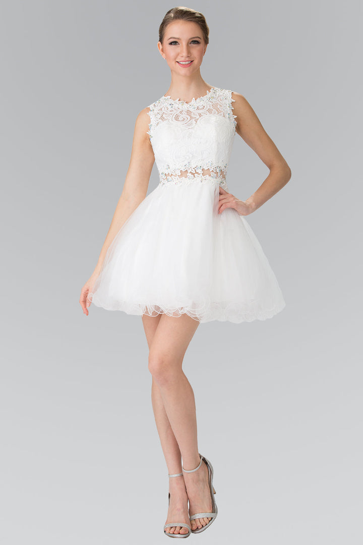 Sleeveless Short Dress with Lace Bodice and Sheer Waistline-10