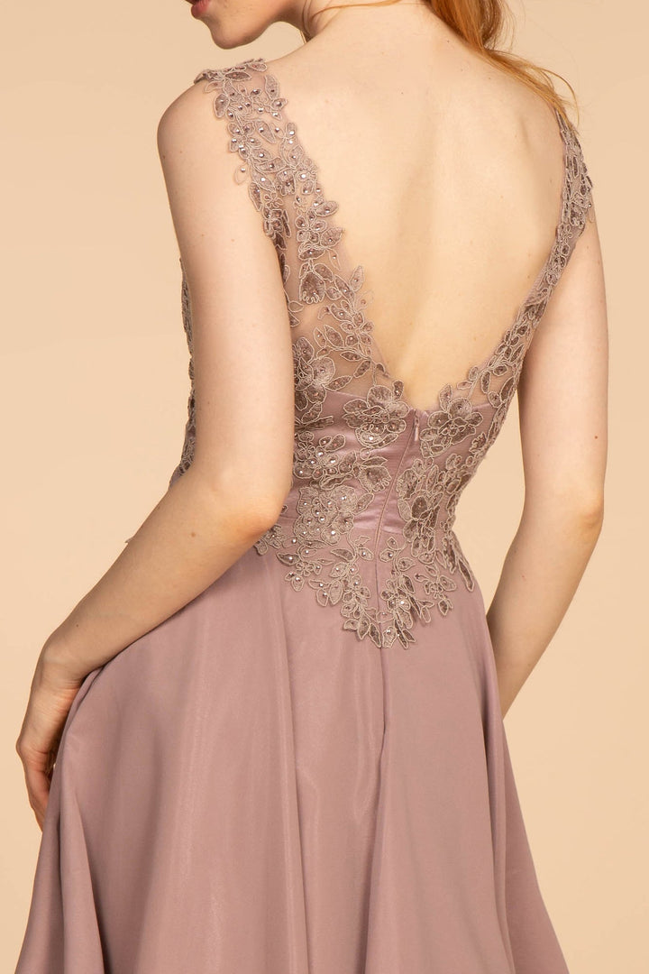 Embroidered Applique Bodice V-Neck Chiffon Short Dress-3
