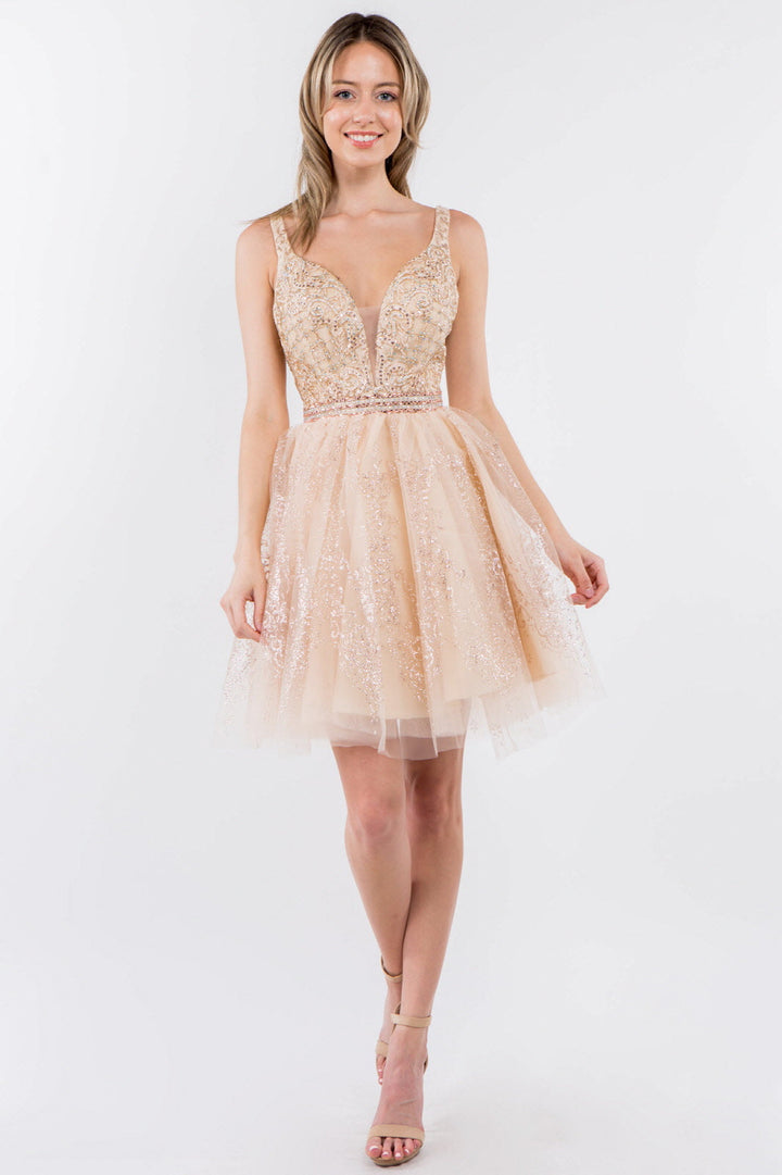 Jewel Accented Waistline Glitter Mesh V-Neck Short Dress-6