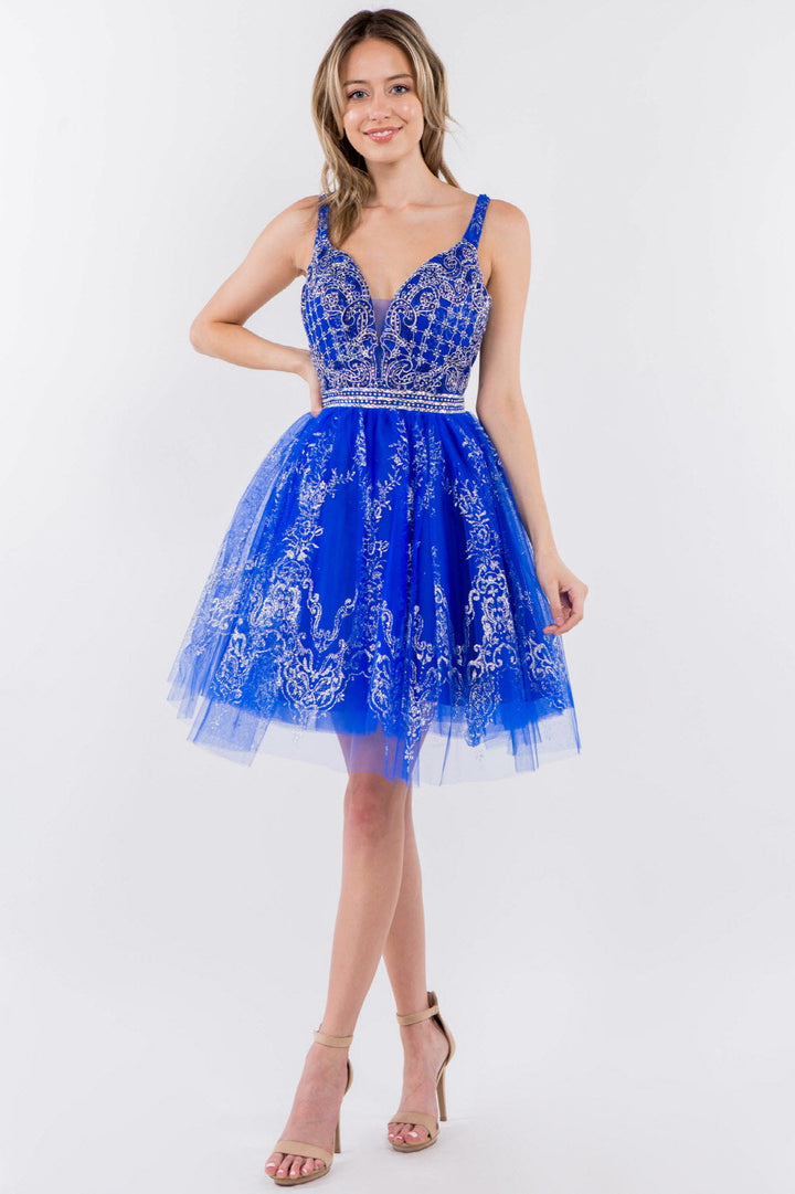 Jewel Accented Waistline Glitter Mesh V-Neck Short Dress-7