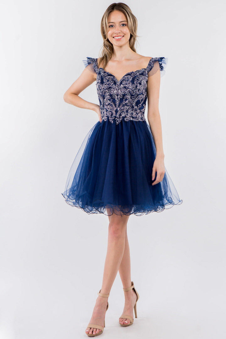 Cut-Away Shoulder Sweetheart Mesh Short Dress-7