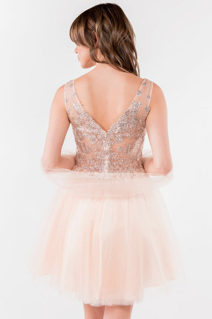 Glitter Embellished Bodice V-Neck Tulle Short Dress-1