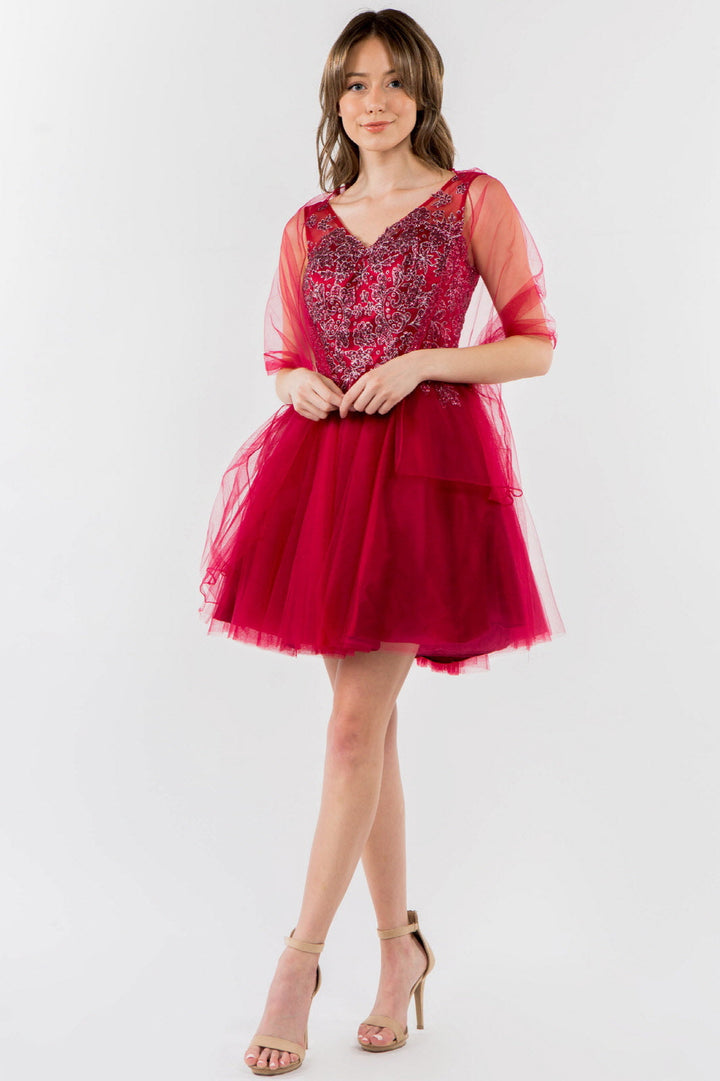 Glitter Embellished Bodice V-Neck Tulle Short Dress-5