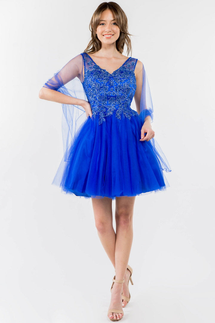 Glitter Embellished Bodice V-Neck Tulle Short Dress-8