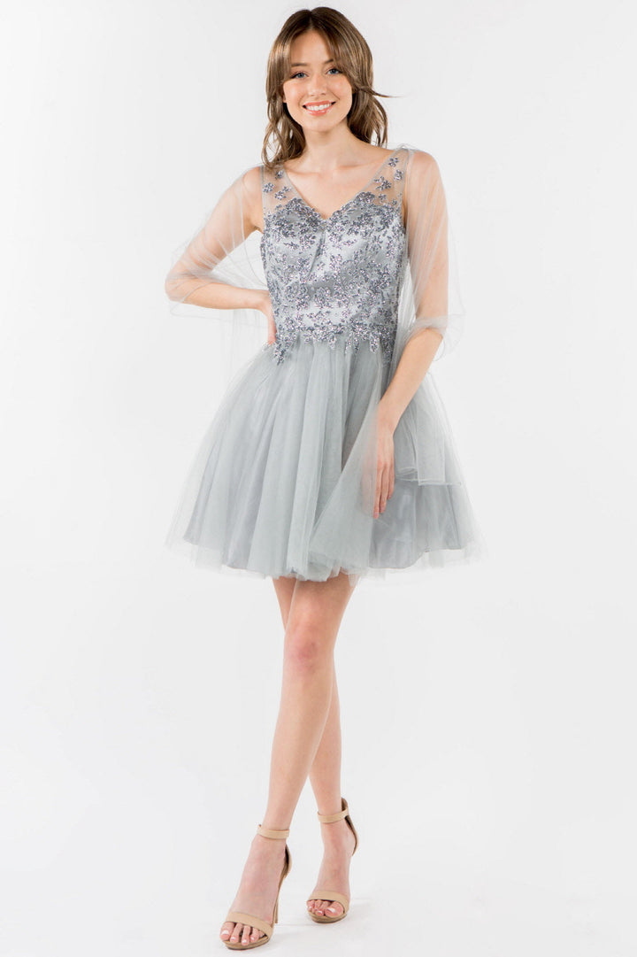 Glitter Embellished Bodice V-Neck Tulle Short Dress-9