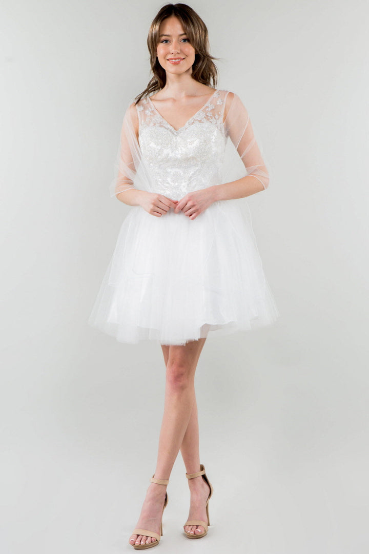 Glitter Embellished Bodice V-Neck Tulle Short Dress-10