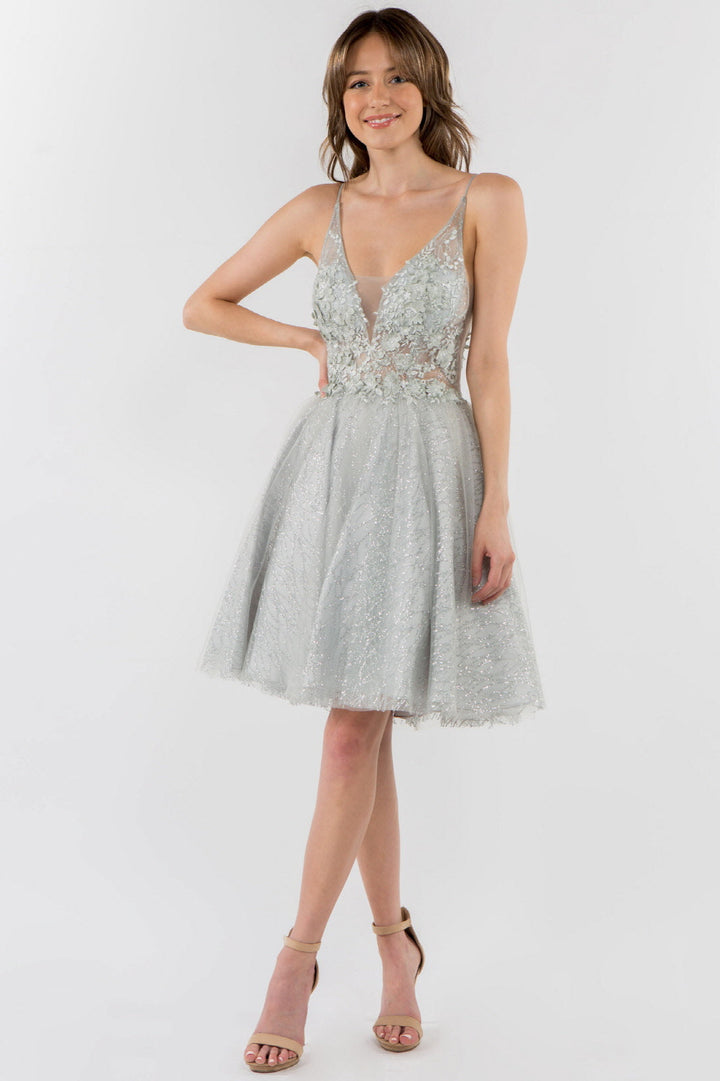 Sheer Bodice V-Neck Glitter Mesh Homecoming Dress-6