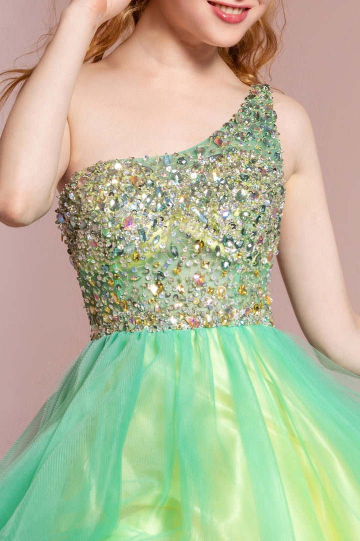 One Shoulder Rolled Hem Short Dress with Jewel Embellished Bodice-1