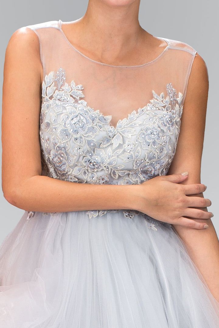 Rolled Hem Tulle Short Dress with Floral Lace Embellished Bodice-0