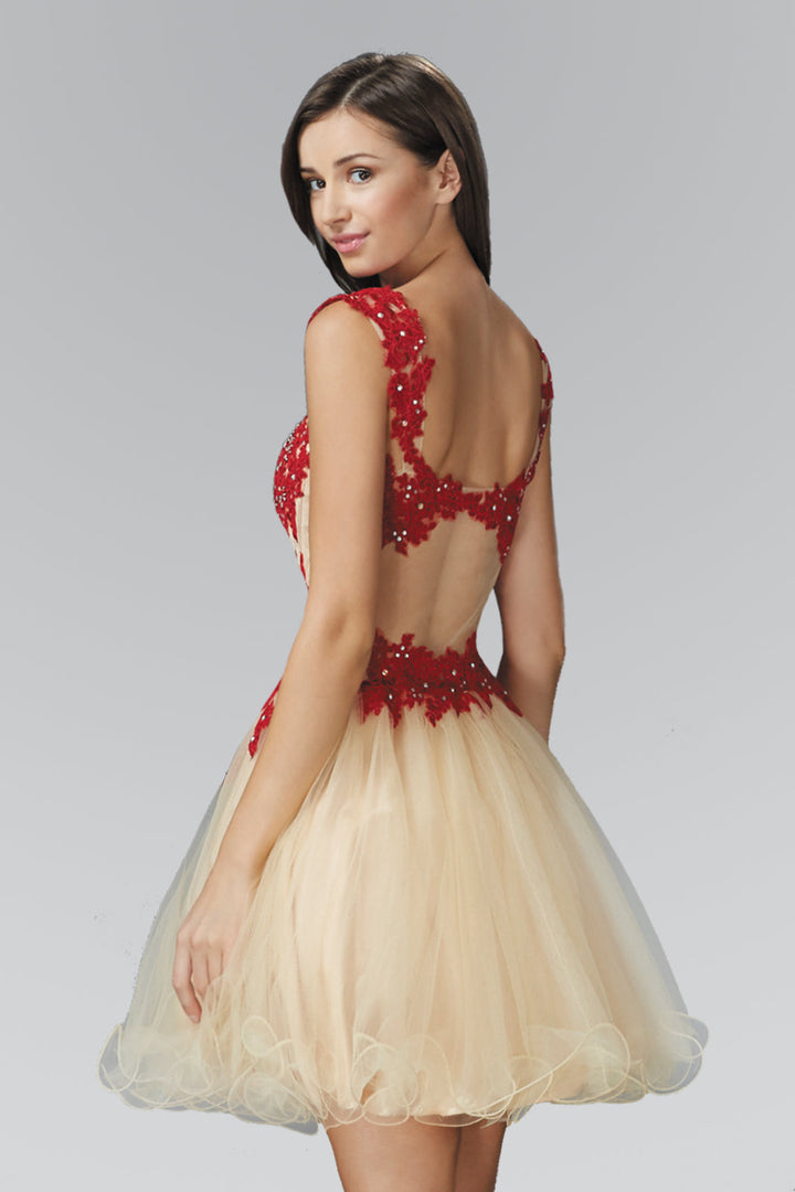 Rolled Hem Short Tulle Dress with Floral Lace Embellished Bodice-2