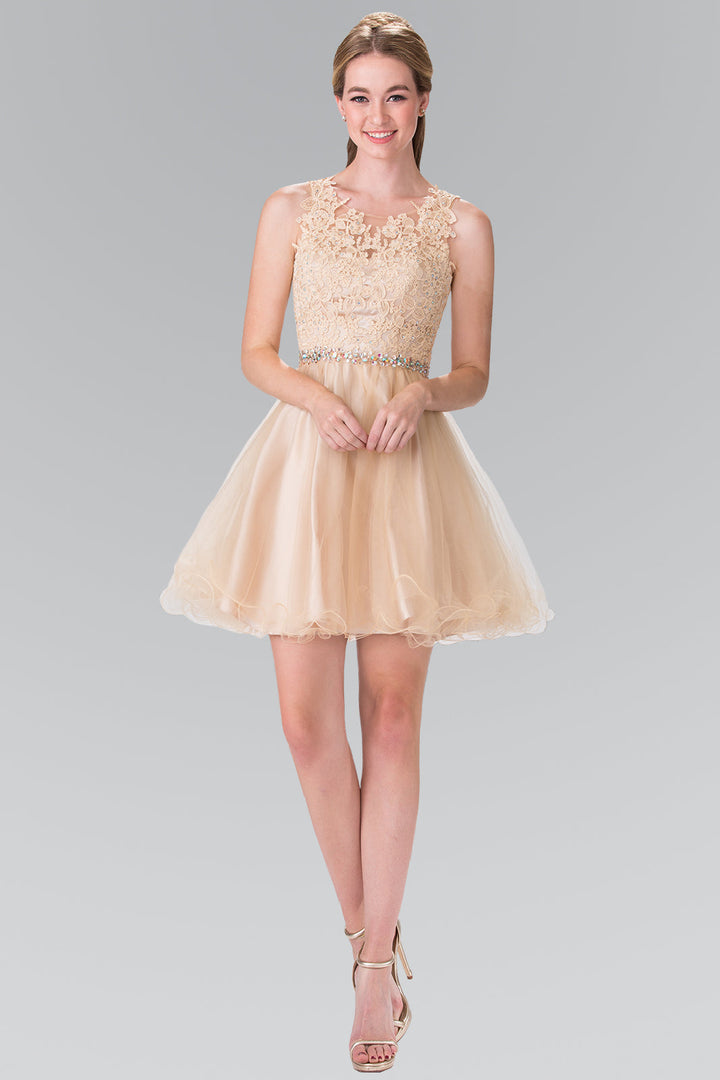 Lace Illusion Top A-line Short Dress with Beaded Waist-8
