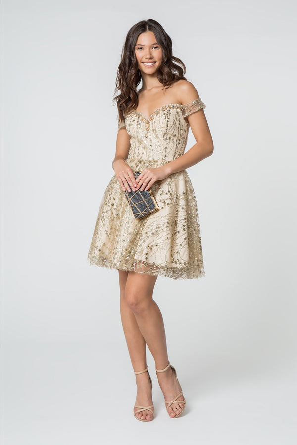 Jewel and Sequin Embellished Glitter Mesh Short Dress-0