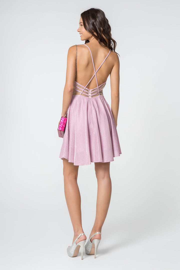Illusion Deep V-Neck Glitter Crepe Short Dress w/ Strap Back-1