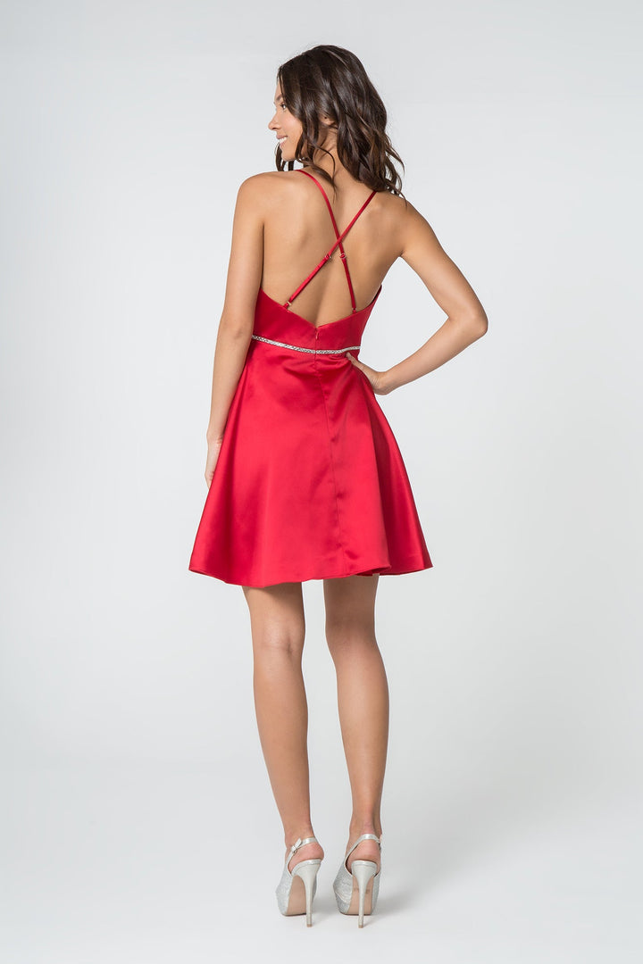 Jewel Accented Waistline Satin Short Dress w/ Strap Back-1