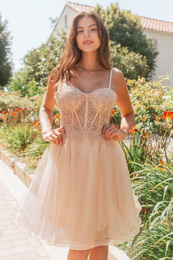 Floral Embroidery Embellished Glitter Mesh Sweetheart Neckline A-Line Homecoming Dress GLGS3515-1