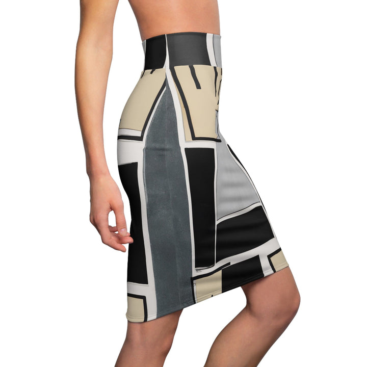 High Waist Womens Pencil Skirt - Contour Stretch - Abstract Black Grey Brown Geometric Contemporary Art Shapes-2