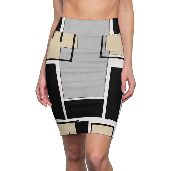 High Waist Womens Pencil Skirt - Contour Stretch - Abstract Black Grey Brown Geometric Contemporary Art Shapes-0