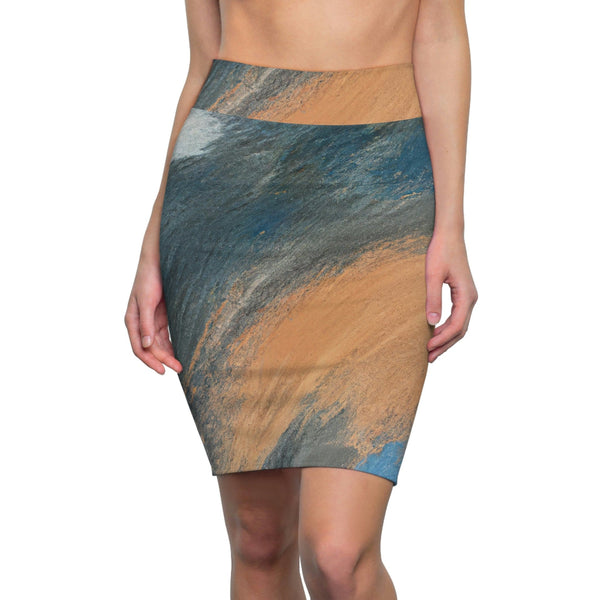High Waist Womens Pencil Skirt - Contour Stretch - Abstract Blue Orange Grey Pattern-0