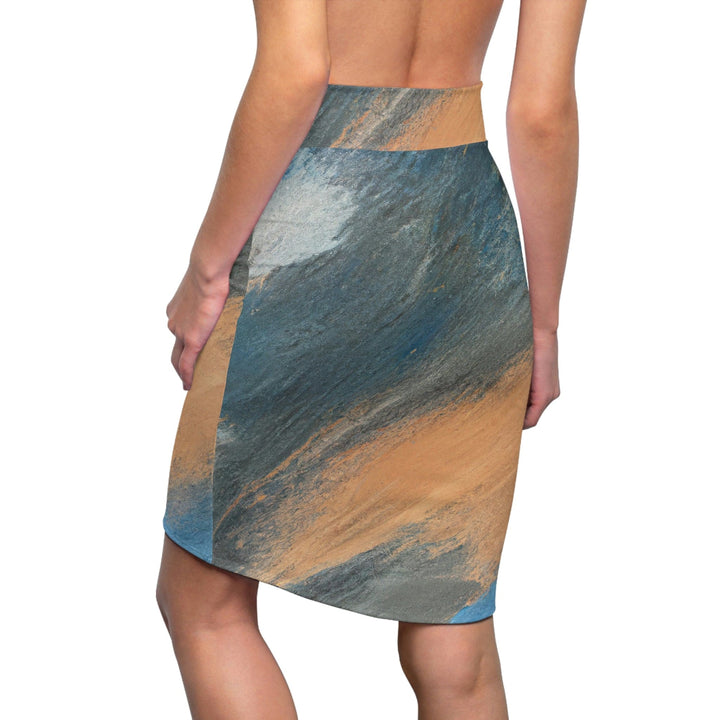 High Waist Womens Pencil Skirt - Contour Stretch - Abstract Blue Orange Grey Pattern-1