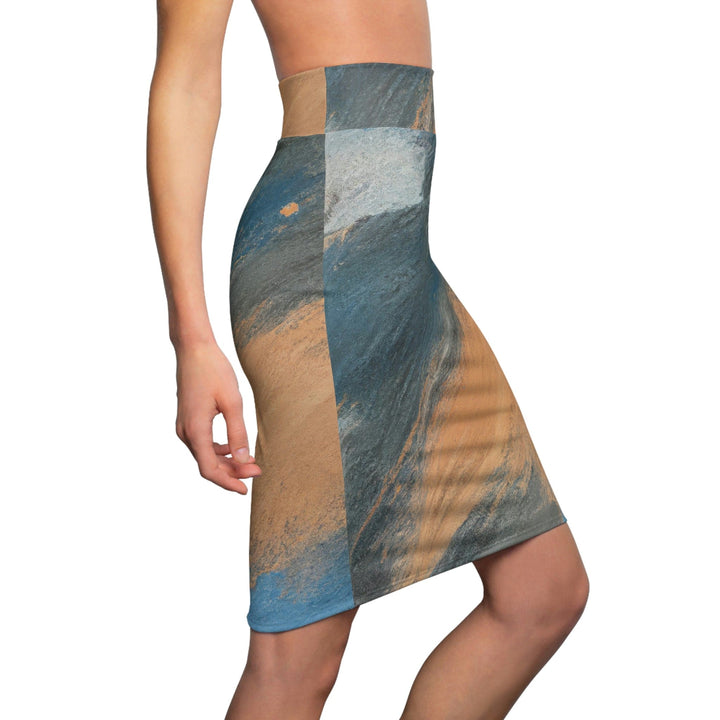 High Waist Womens Pencil Skirt - Contour Stretch - Abstract Blue Orange Grey Pattern-2