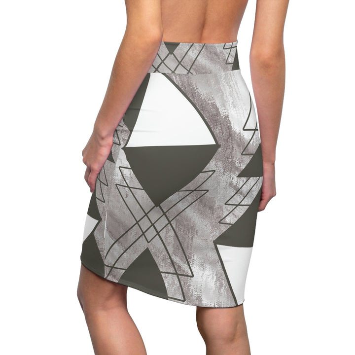 High Waist Womens Pencil Skirt - Contour Stretch - Ash Grey and White Triangular Colorblock-1