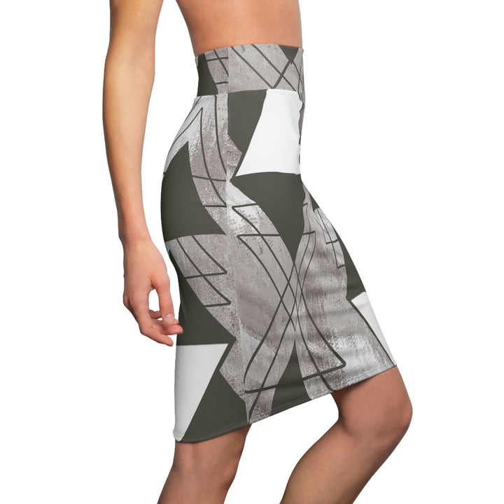 High Waist Womens Pencil Skirt - Contour Stretch - Ash Grey and White Triangular Colorblock-2