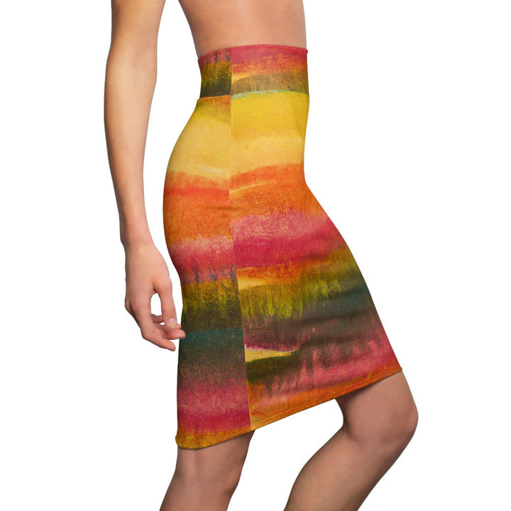 High Waist Womens Pencil Skirt - Contour Stretch - Autumn Fall Watercolor Abstract Print-2