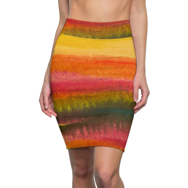 High Waist Womens Pencil Skirt - Contour Stretch - Autumn Fall Watercolor Abstract Print-0