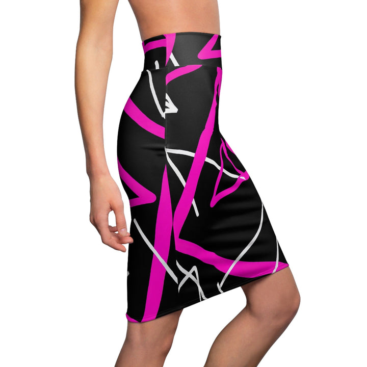 High Waist Womens Pencil Skirt - Contour Stretch - Black and Pink Geometric Pattern-2