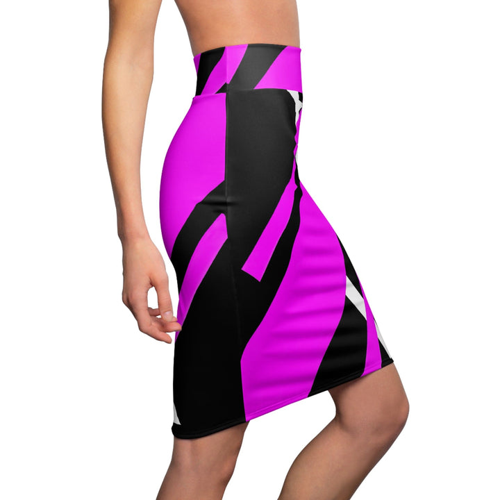 High Waist Womens Pencil Skirt - Contour Stretch - Black and Pink Geometric Pattern-2
