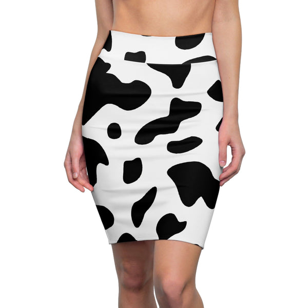 High Waist Womens Pencil Skirt - Contour Stretch - Black and White Abstract Cow Print Pattern-0