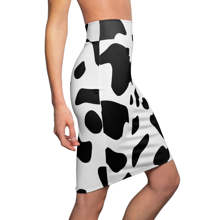 High Waist Womens Pencil Skirt - Contour Stretch - Black and White Abstract Cow Print Pattern-2
