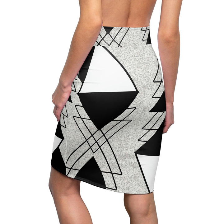 High Waist Womens Pencil Skirt - Contour Stretch - Black and White Ash Grey Triangular Colorblock-1