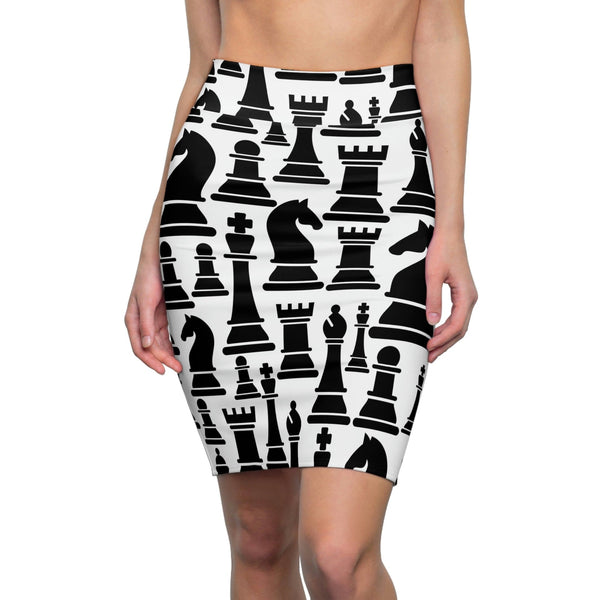 High Waist Womens Pencil Skirt - Contour Stretch - Black and White Chess Print-0
