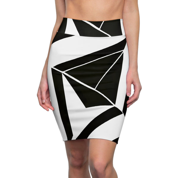 High Waist Womens Pencil Skirt - Contour Stretch - Black and White Geometric Pattern-0