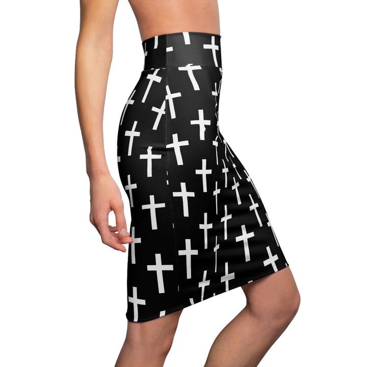 High Waist Womens Pencil Skirt - Contour Stretch - Black and White Seamless Cross Pattern-2