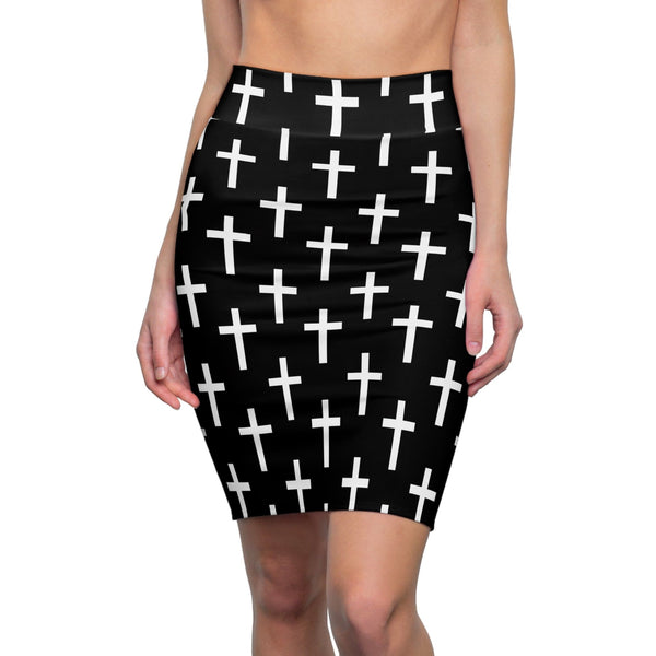High Waist Womens Pencil Skirt - Contour Stretch - Black and White Seamless Cross Pattern-0