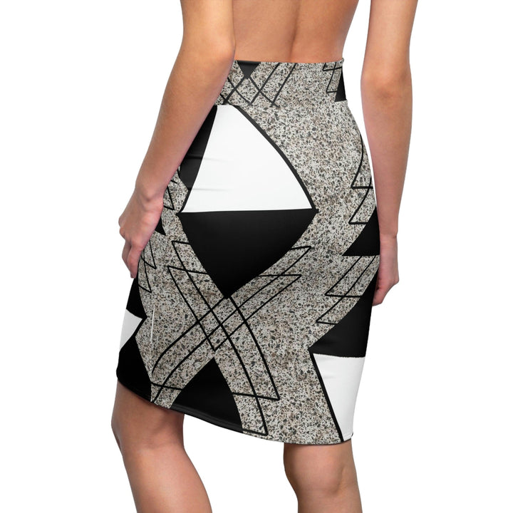 High Waist Womens Pencil Skirt - Contour Stretch - Black and White Triangular Colorblock-1