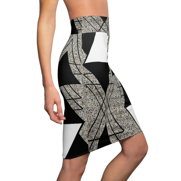High Waist Womens Pencil Skirt - Contour Stretch - Black and White Triangular Colorblock-2