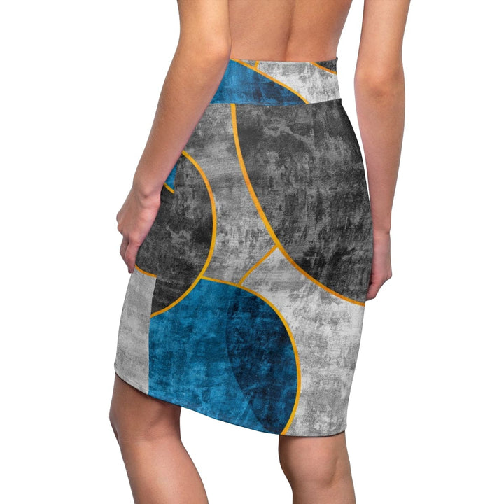 High Waist Womens Pencil Skirt - Contour Stretch - Black Blue Grey Circular Geometric Print-1