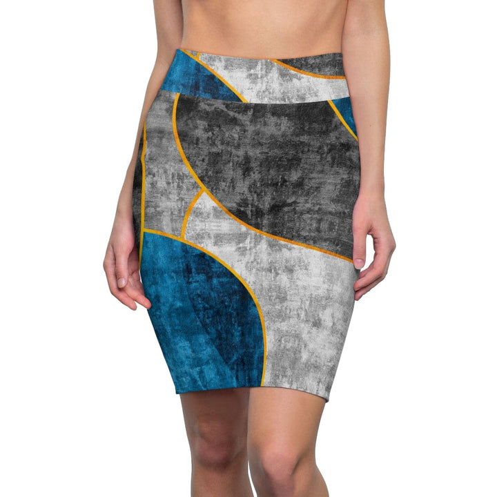 High Waist Womens Pencil Skirt - Contour Stretch - Black Blue Grey Circular Geometric Print-0