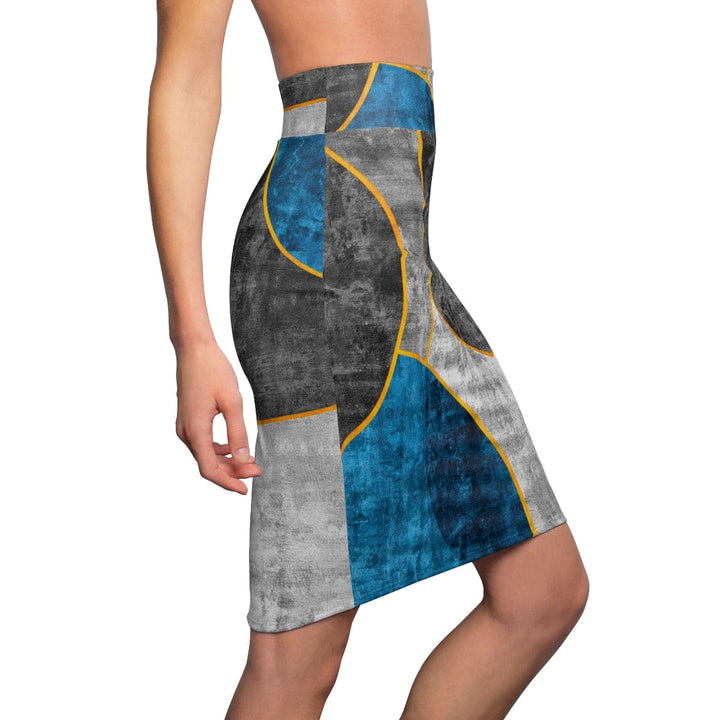 High Waist Womens Pencil Skirt - Contour Stretch - Black Blue Grey Circular Geometric Print-2