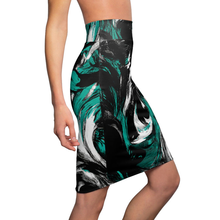 High Waist Womens Pencil Skirt - Contour Stretch - Black Green White Abstract Pattern-2