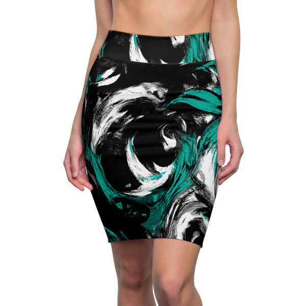 High Waist Womens Pencil Skirt - Contour Stretch - Black Green White Abstract Pattern-0