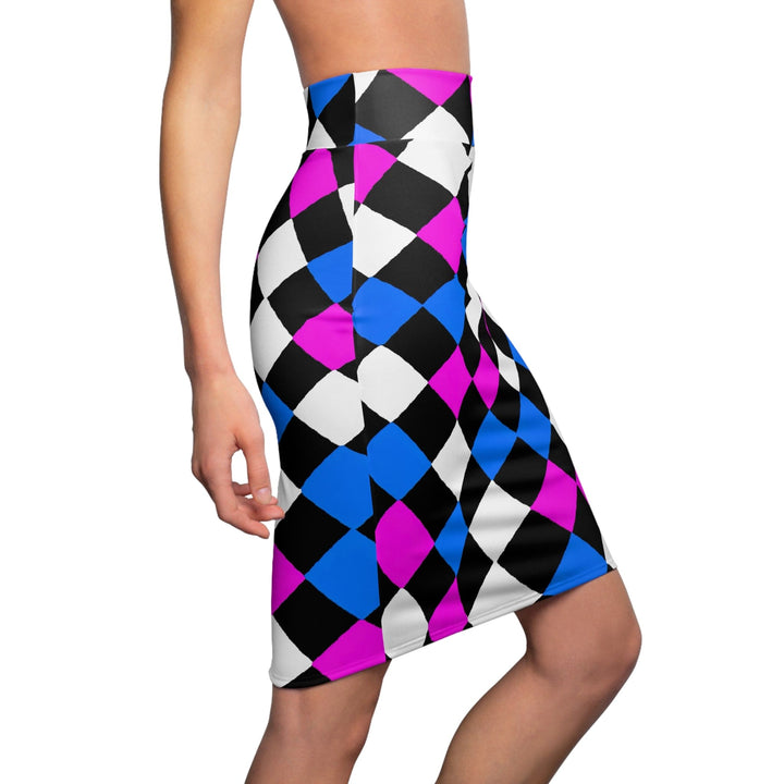 High Waist Womens Pencil Skirt - Contour Stretch - Black Pink Blue Checkered Illustration-2