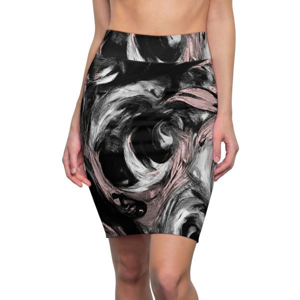 High Waist Womens Pencil Skirt - Contour Stretch - Black Pink White Abstract Pattern-0