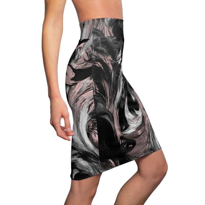 High Waist Womens Pencil Skirt - Contour Stretch - Black Pink White Abstract Pattern-2