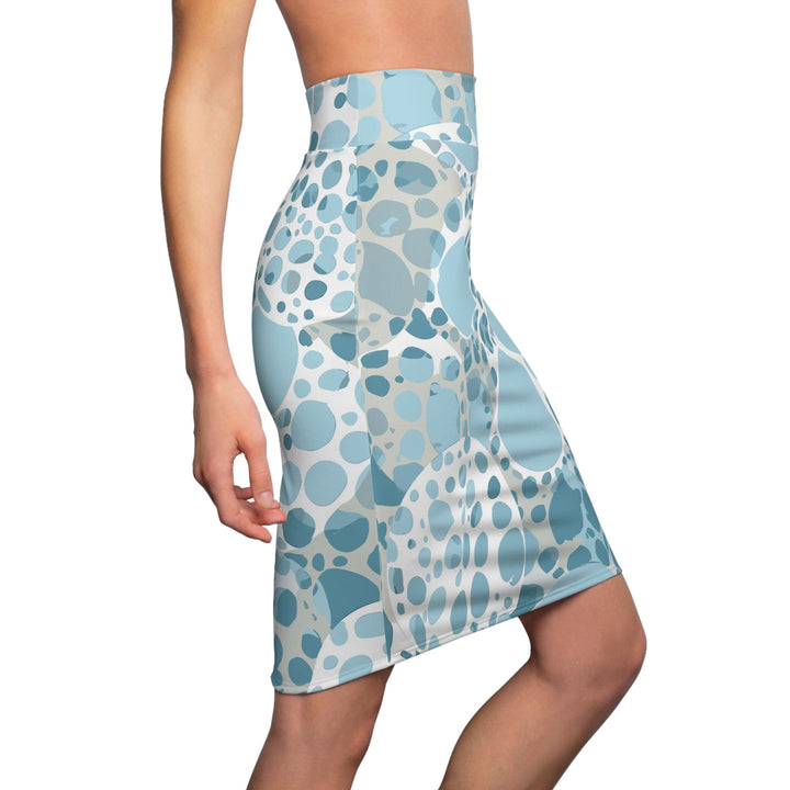 High Waist Womens Pencil Skirt - Contour Stretch - Blue and White Circular Spotted Illustration-2