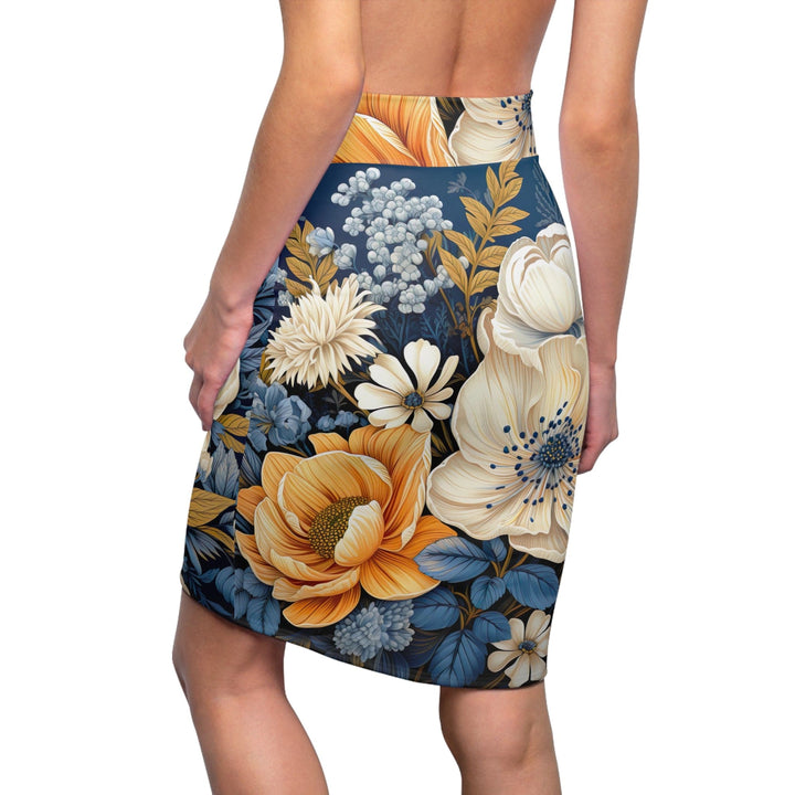 High Waist Womens Pencil Skirt - Contour Stretch - Blue Floral Block Print Illustration-1
